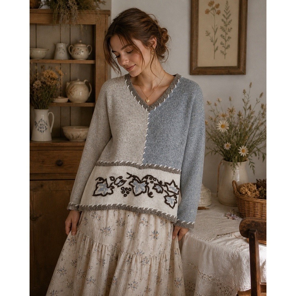 Vintage De Rotchild Large Angora Silk Blend Embroidered Color Block Sweater